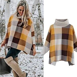 Plaid Cowl Neck Poncho Sweater | Oversized Boho Fall Tunic